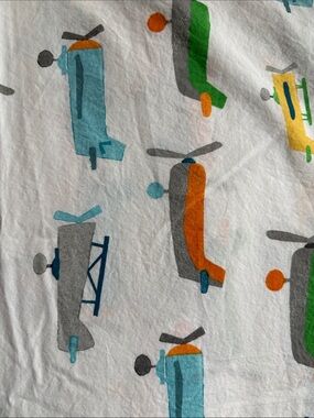 Pottery Barn Kids White Helicopter sheet Set with Blue, Gray, Green & Orange